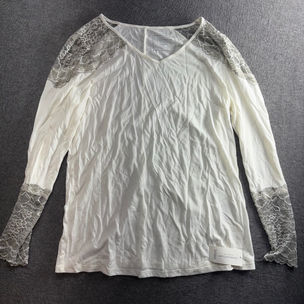 Charter Club Intimates Lace Trim Long Sleeve Top Winter Ivory 100071033 Medium